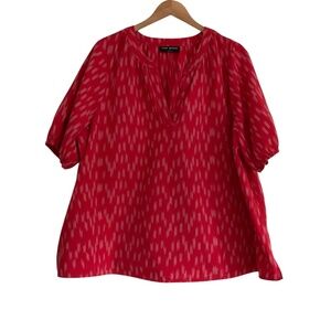 Lane Bryant Ikat Popover Blouse 3XL Red Puff Short Sleeve Contemporary Chic